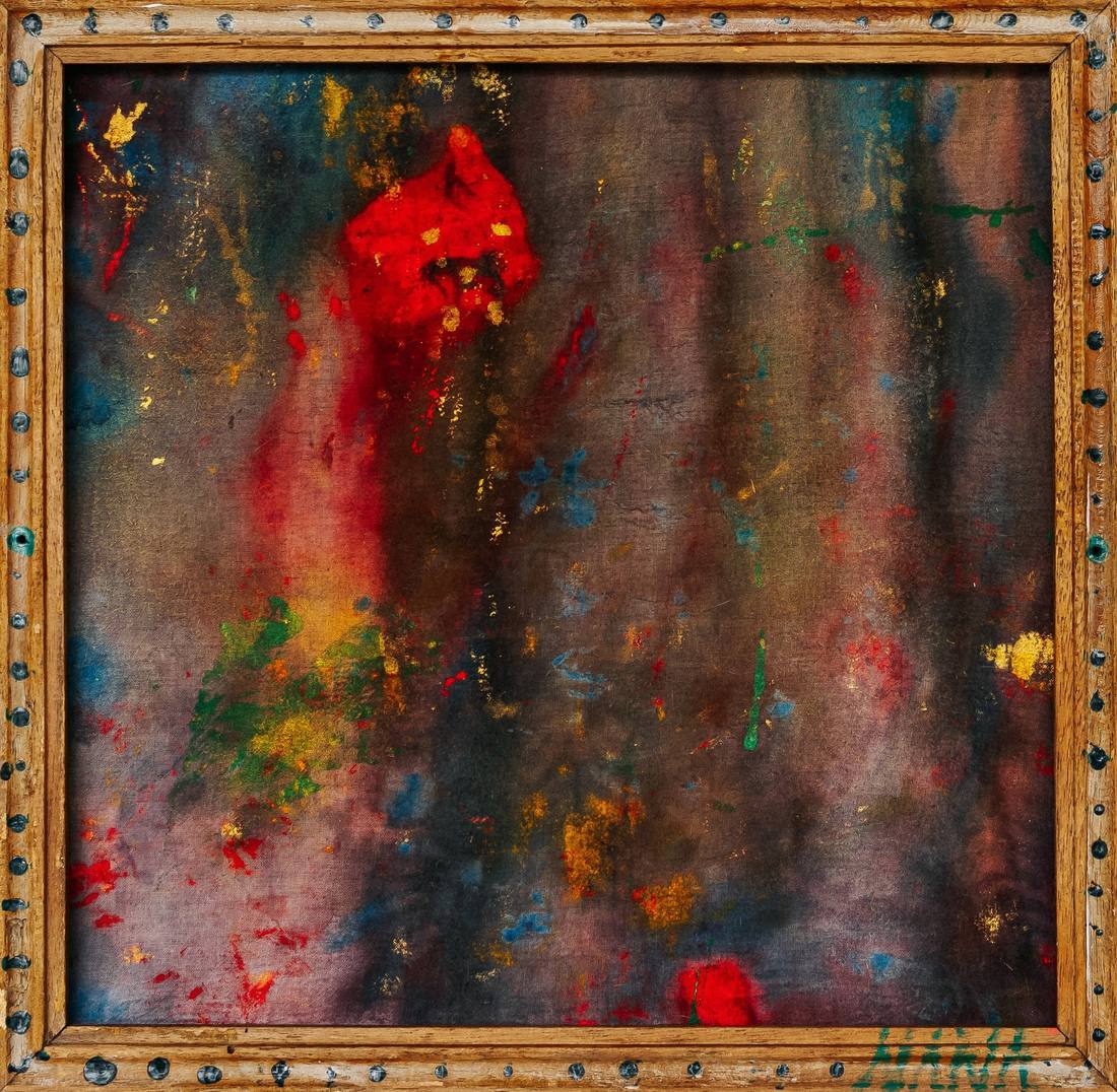 Layers of red, blue, green and yellow paint on dark fabric, in a carved wooden frame studded with dark beads.