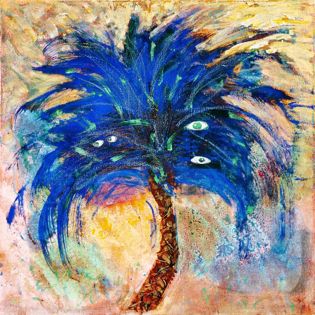 Painting of a blue palm tree with small eyes among the fronds, on a pale pink, yellow and blue ground.