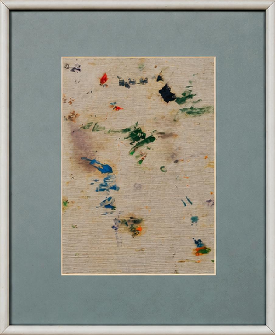 Pale ribbed ground with small scattered marks in green, dark blue, cobalt and one red flame.