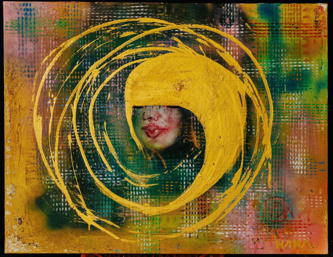 Thick gold spiral brushstrokes circling an opening that shows a painted mouth and nose, over a green and pink grid.