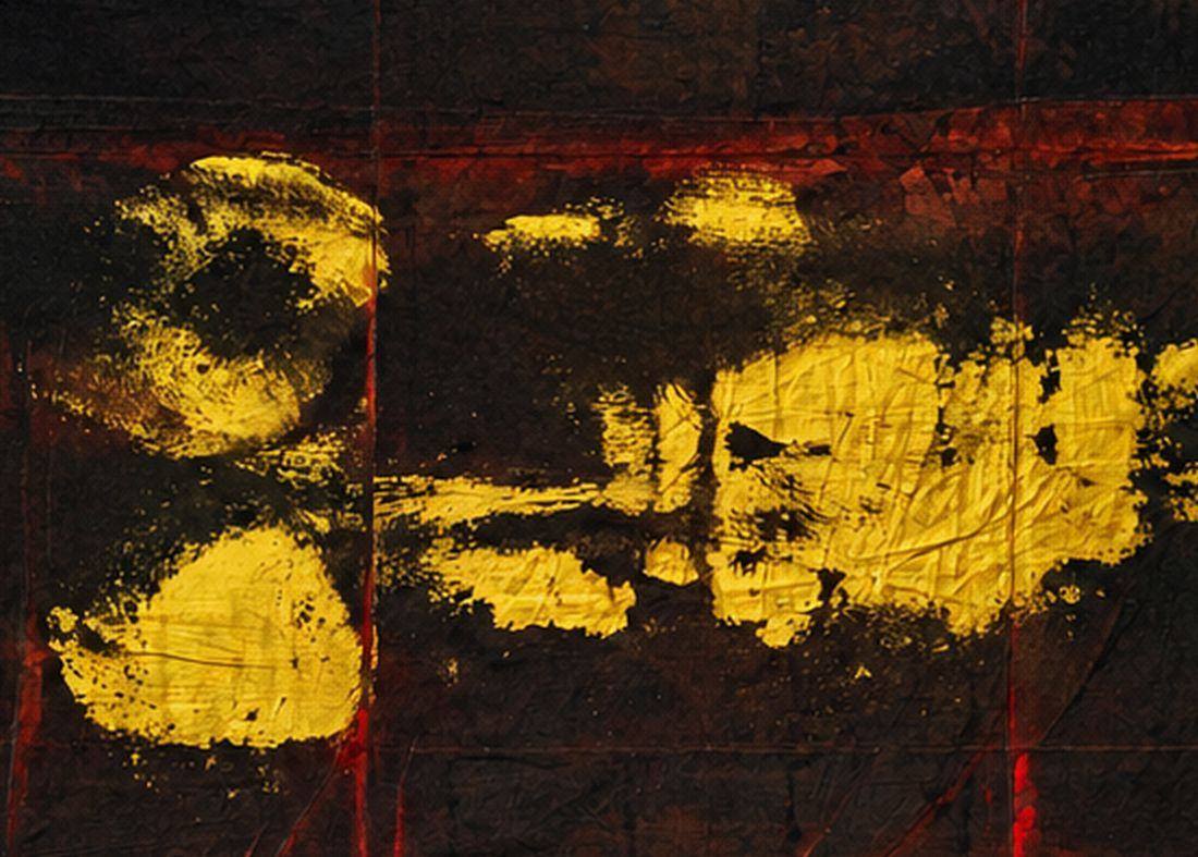 Heavy gold paint in rounded masses across a dark brown and red ground, faint red vertical lines.