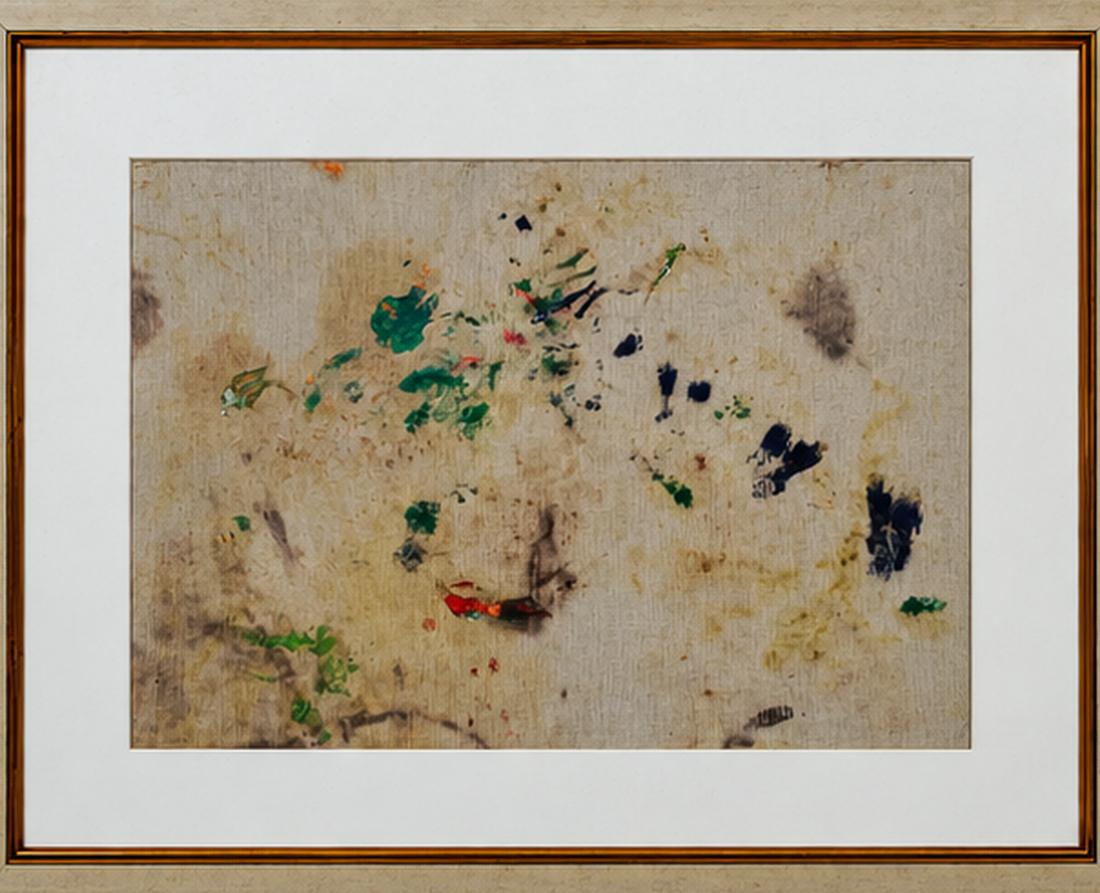 Pale woven ground with clusters of green and dark blue marks and a low red stroke.