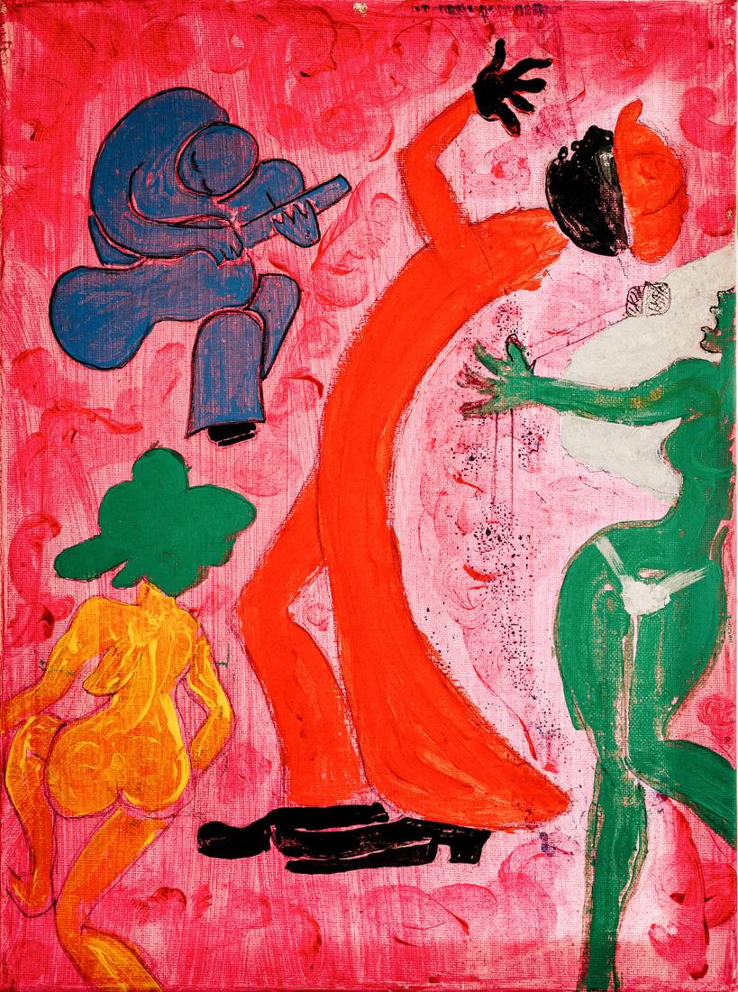 Pink ground with a blue figure playing a flute, a tall red dancer, a green figure and a yellow nude seen from behind.