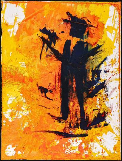 The Artist with Bird and a Little Cat, mixed media work by Nana Bors