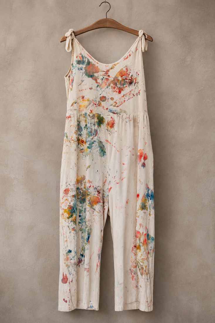 A white jumpsuit with tie straps, paint-spattered in blue, red, green and yellow, on a wooden hanger against a plaster wall.